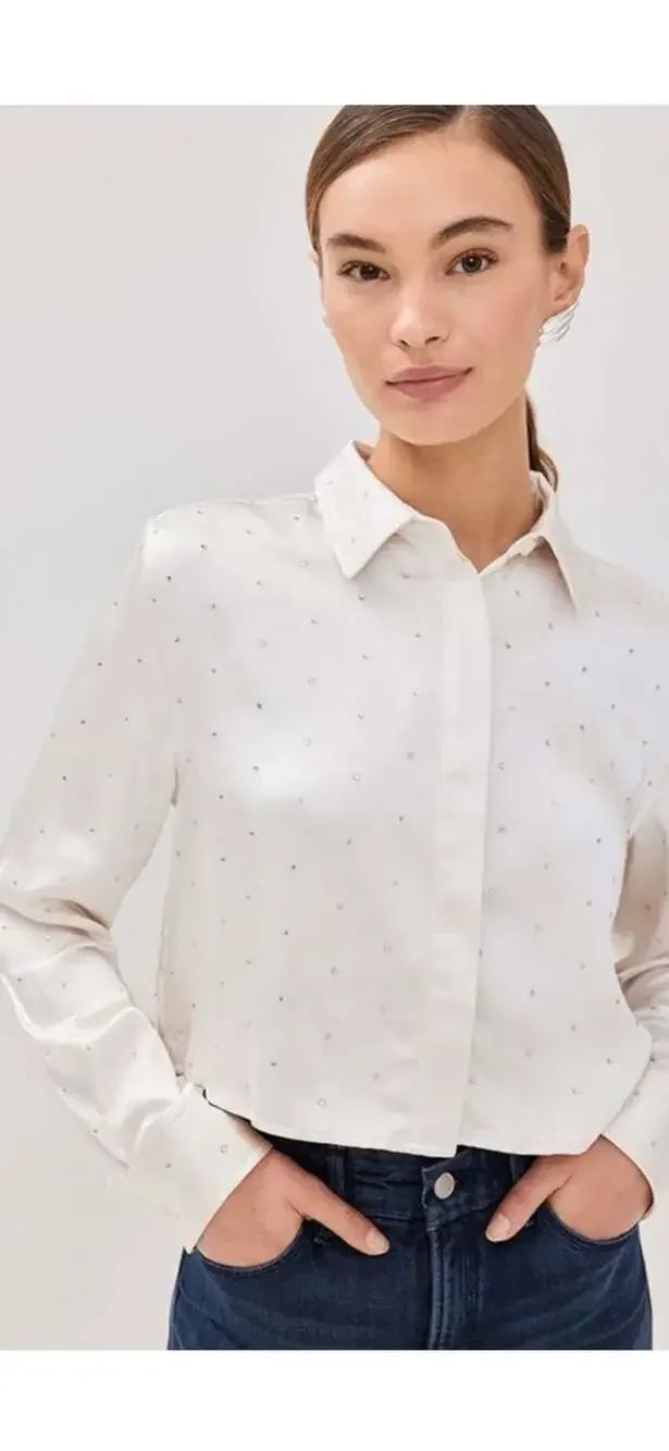 Good American Crystal Embellished Cropped Satin Shirt Cloud White Large - Picture 2 of 12